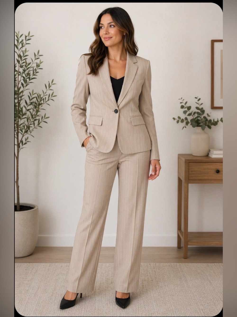 Kasper Beige Pinstripe Pant Suit Classic Career Workwear Blazer Pants Neutral